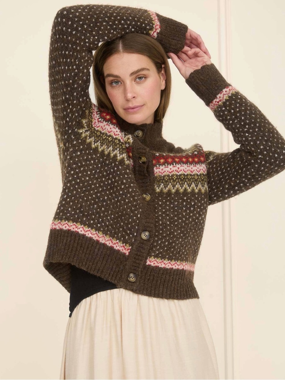 MOON RIVER Fair Isle Mock Neck Button Down Cardigan Size S